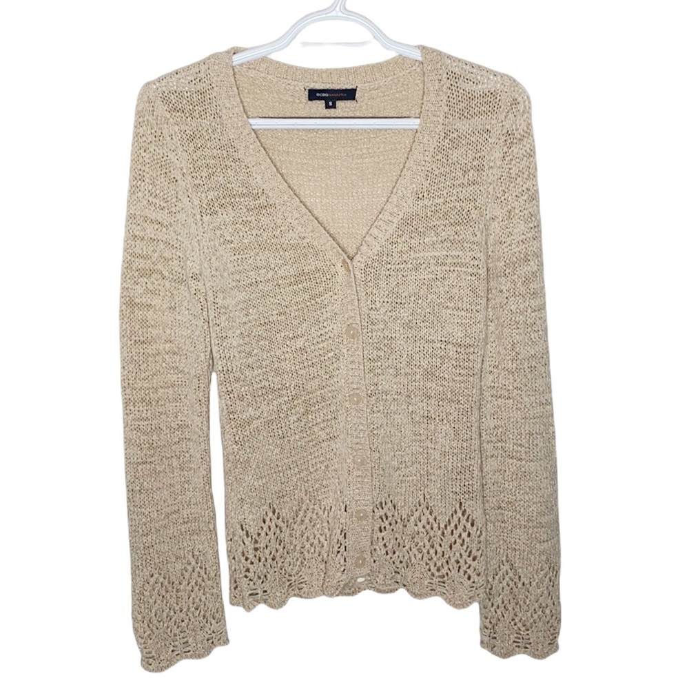 BCBGMaxAzria tape knit sweater cardigan with crochet borders size S